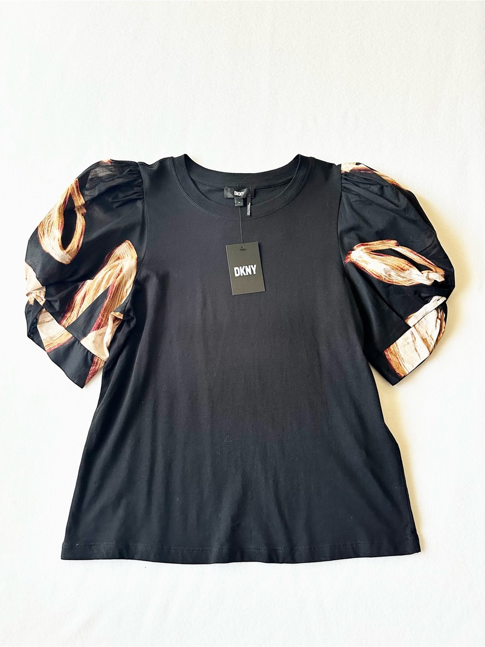 DKNY Women Puff Sleeve Top Medium Black Mixed Media New With Tags Short Sleeve